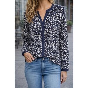 The Korner Navy White Polka Dot Silk Posada Button Down Blouse Womens M NWT